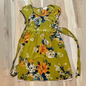 Anthropologie Moulinette Soeurs Dress Womens 0 Green Silk Floral Tie Back